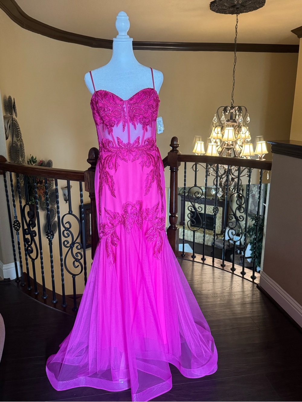 Blondie Nites Hot Pink Embellished Spaghetti Strap Prom Gown